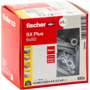 Verpackung Fischer Spreizdübel SX Plus 6x50 mm, 100 Stück. Universaldübel für sichere Befestigungen.