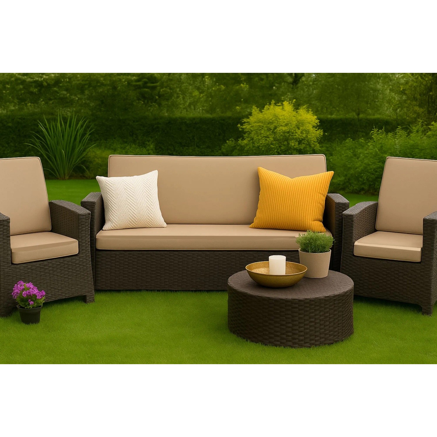 Beiges 1-tlg. Gartenkissen-Set für 2-Sitzer Rattansofa 120x60x50 cm. Bequeme Sitzauflage für Gartenmöbel.