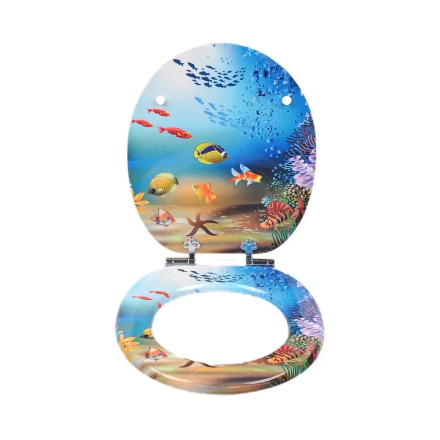 Sinobath ovaler WC-Sitz mit Absenkautomatik, buntem Unterwasserwelt-Design, Fischen.
