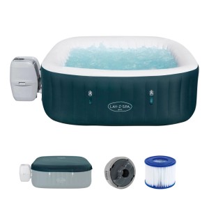 Bestway LAY-Z-SPA Ibiza AirJet, aufblasbarer, eckiger Whirlpool in Dunkelgrün mit Zubehör.
