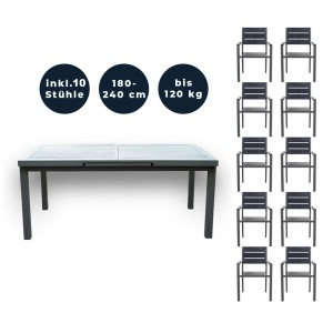 Home Deluxe Gartenmöbel-Set Calido Madera, 11-teilig, anthrazit mit Ausziehtisch und 10 Stühlen.