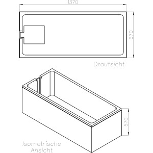 Technische Zeichnung Ottofond Wannenträger Costa 140x70 cm, Draufsicht und isometrische Ansicht.