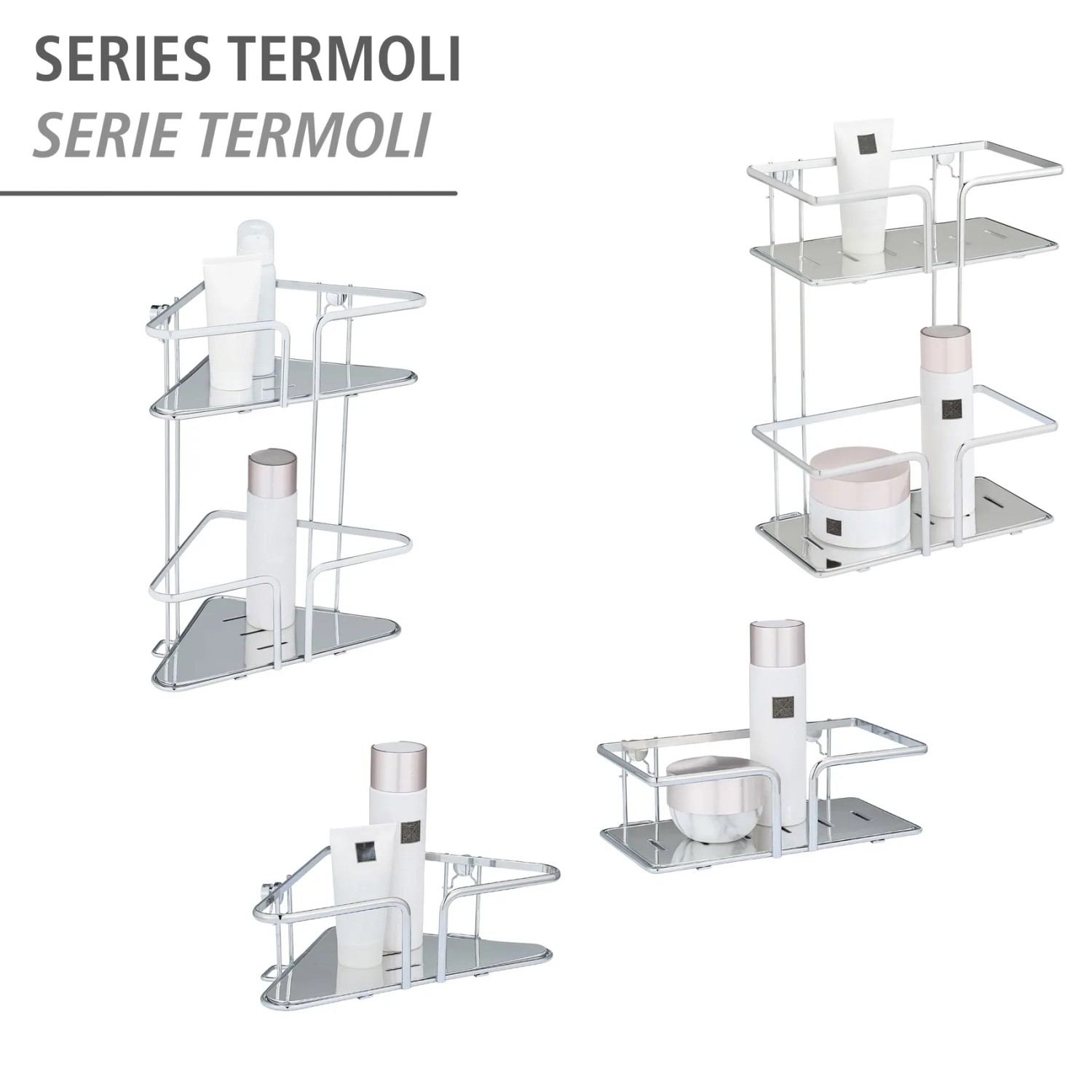 Wenko Eckablagen Termoli, verschiedene Ausführungen der Edelstahl Drahtkörbe für Bad und Dusche.