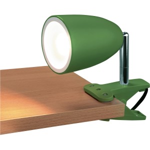 Grüne LED-Klemmleuchte Vidorni am Tisch befestigt. Praktische Leselampe mit warmweißem Licht.