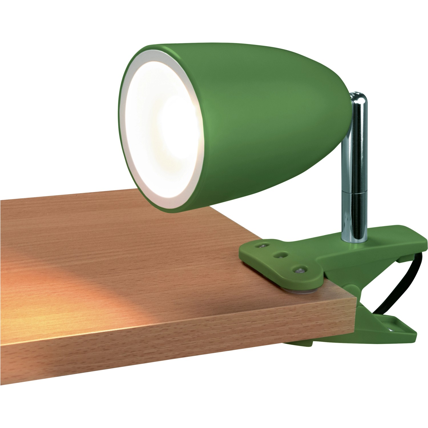 Grüne LED-Klemmleuchte Vidorni am Tisch befestigt. Praktische Leselampe mit warmweißem Licht.