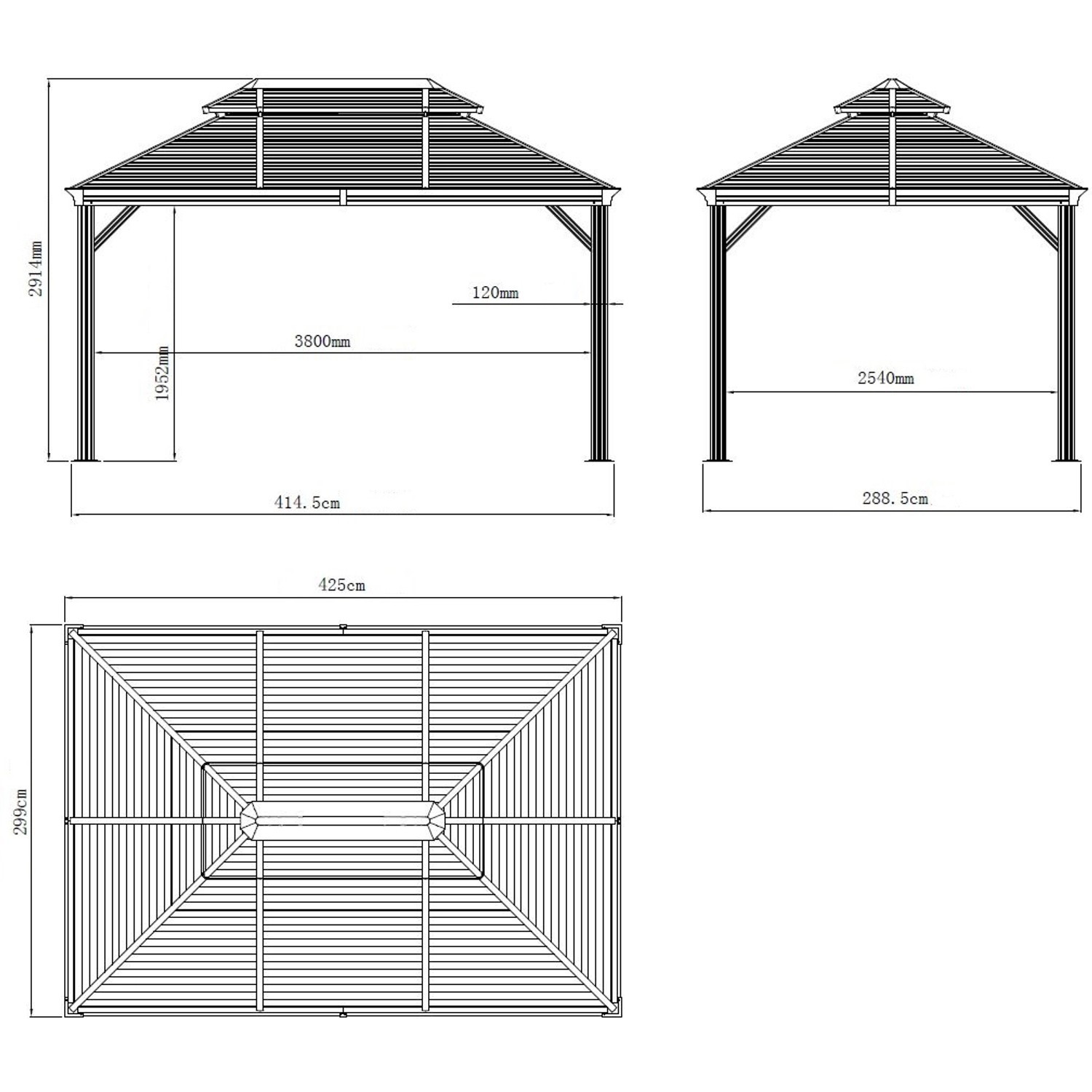 Technische Zeichnung Sojag Pavillon Mykonos 299x425 cm mit Maßangaben.