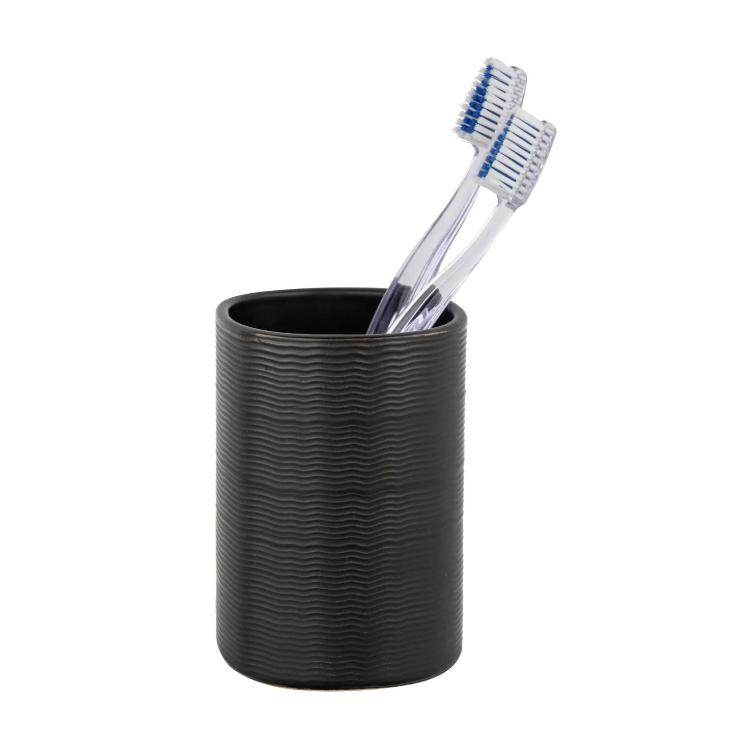 Schwarzer Schöner Wohnen Zahnputzbecher Zena aus Keramik mit strukturierter Oberfläche und zwei Zahnbürsten.