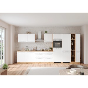 Moderne Held Küchenzeile Kempten 420 cm in Weiß/Wotan ohne E-Geräte.