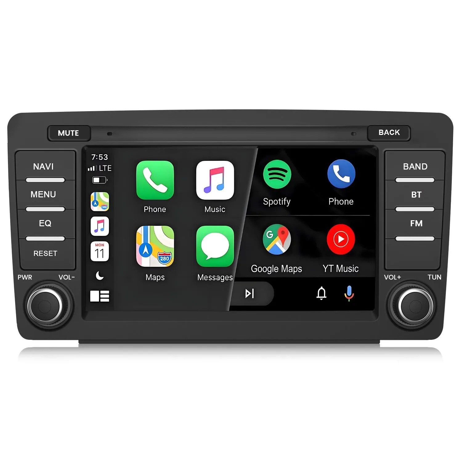 Junsun Autoradio für Skoda Octavia. Schwarzes Android Radio mit Touchscreen, CarPlay, Navigation und Bluetooth.