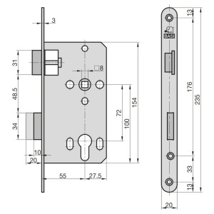 Technische Zeichnung: Basi Zimmertürschloss ES 92, DIN rechts, Edelstahl, Maße und Details.