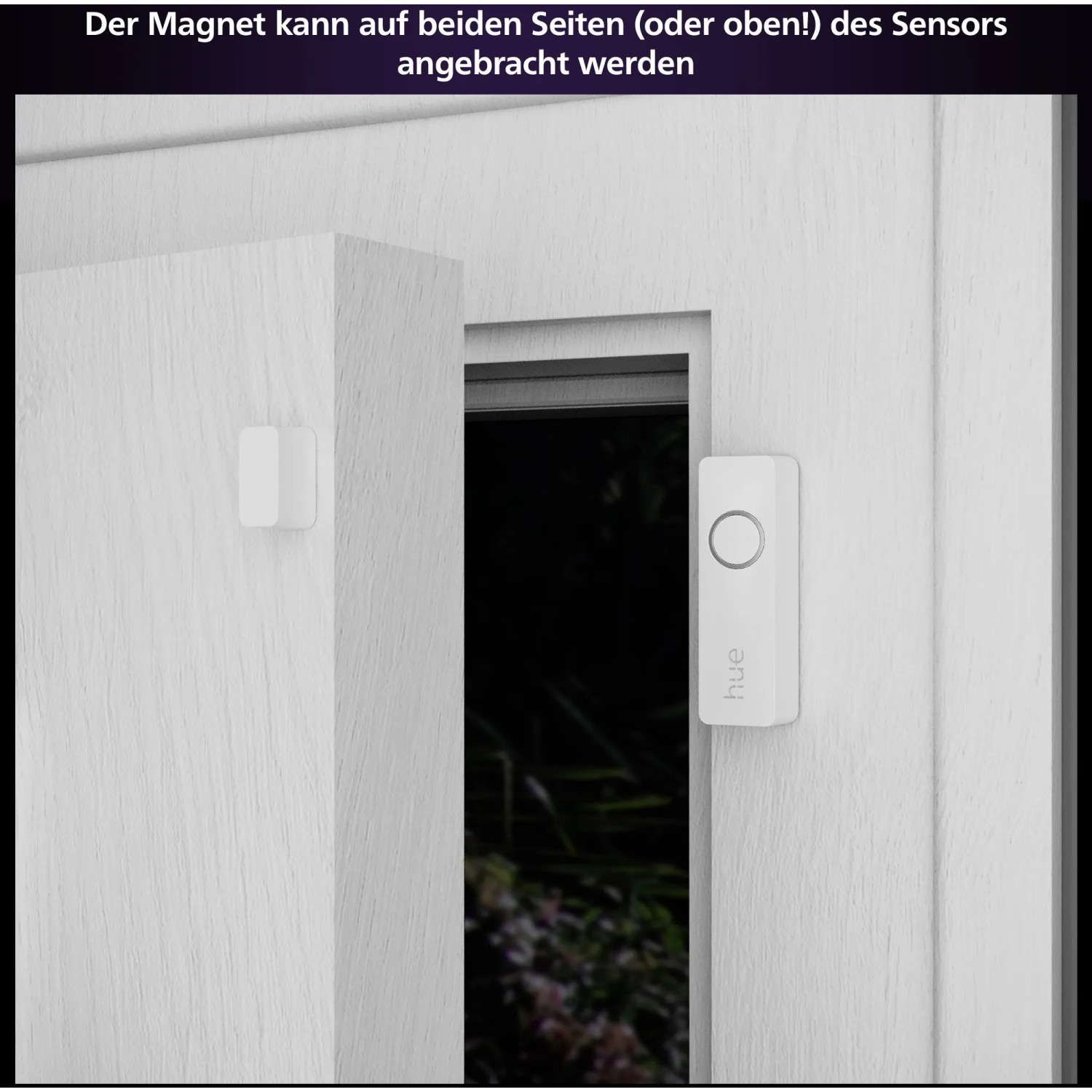 Philips Hue Secure Kontaktsensor 2er-Pack an Türrahmen, zur Überwachung und als Teil der Videoüberwachung.