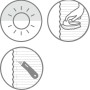 Icons zur Lichtdurchlässigkeit, Reinigung und Kürzbarkeit des Schöner Wohnen Plissees Milla.