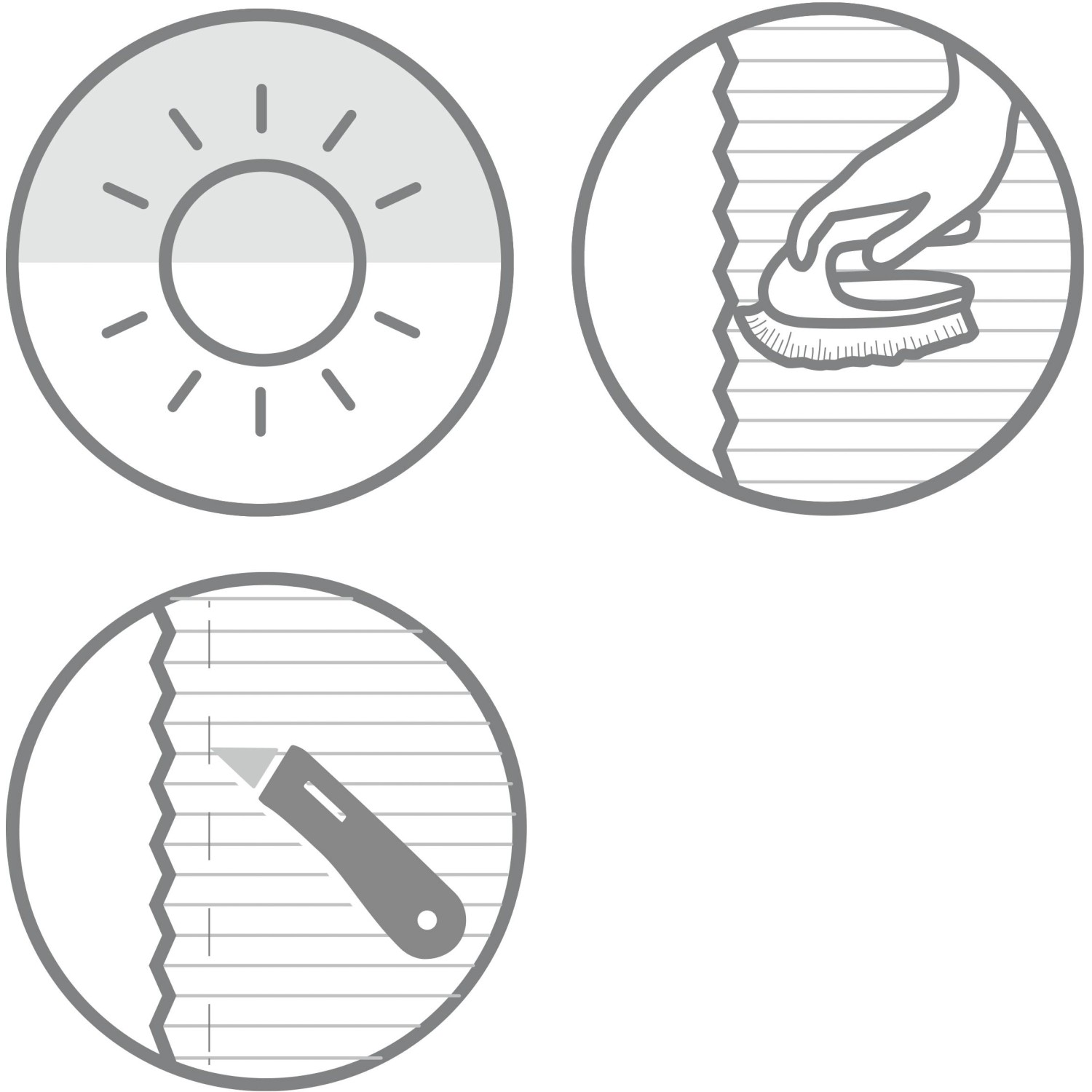 Icons zur Lichtdurchlässigkeit, Reinigung und Kürzbarkeit des Schöner Wohnen Plissees Milla.