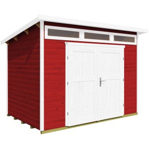 Rotes Weka Gartenhaus 264 mit Pultdach und weißer Doppeltür. Holz-Gartenhaus für Gartengeräte.