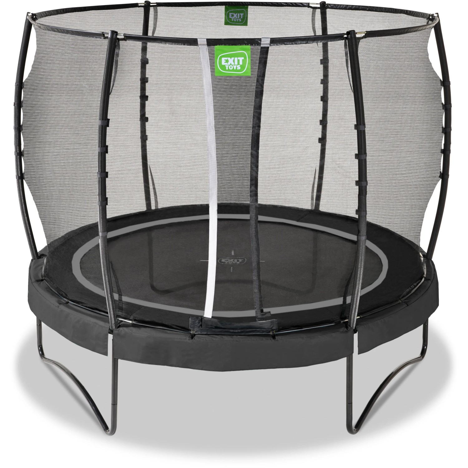 Schwarzes EXIT Allure Premium Trampolin Ø 305 cm mit Sicherheitsnetz für den Garten.