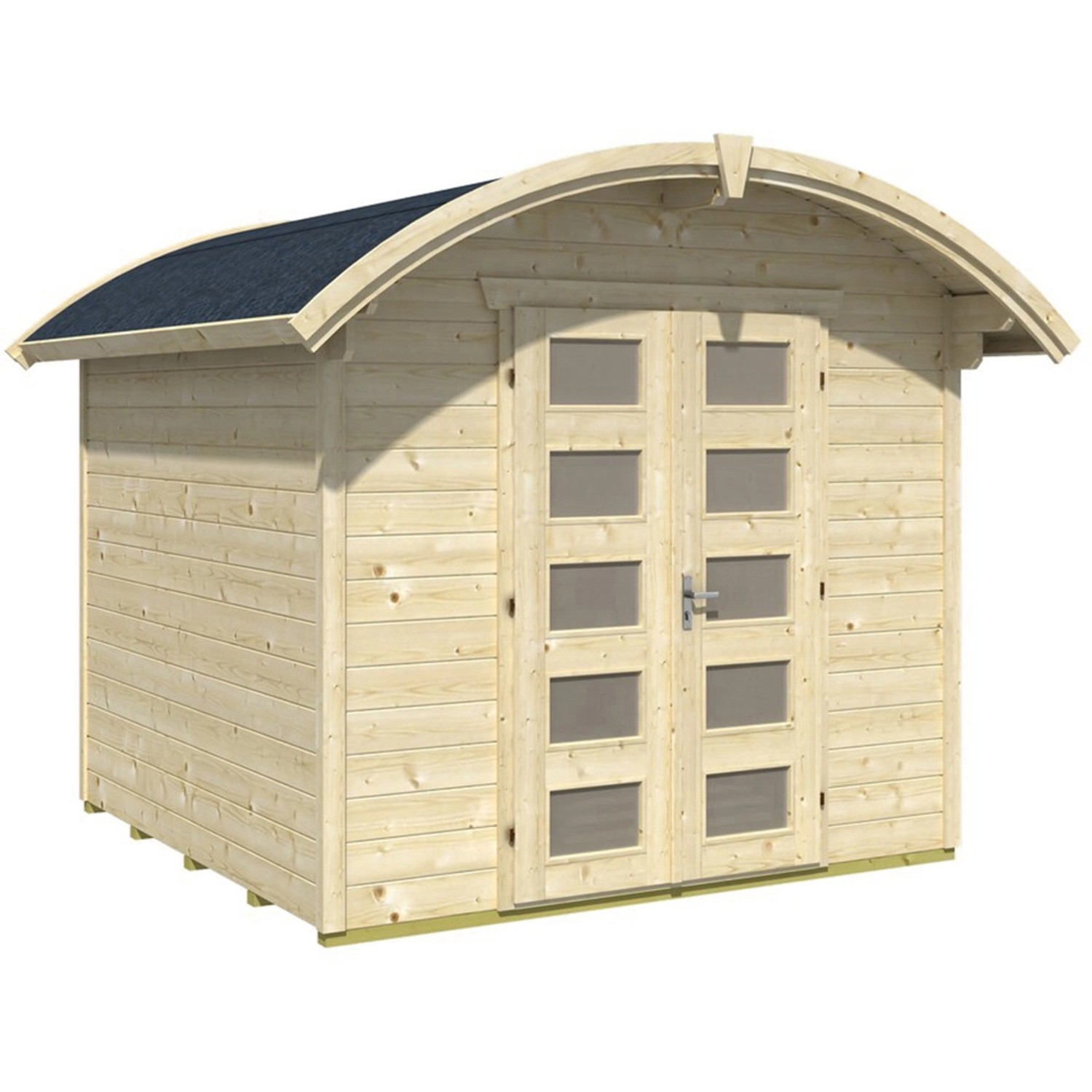 Skan Holz Gartenhaus Delft Natur, 250x250 cm, mit Tonnendach und Doppeltür mit Fenstern.