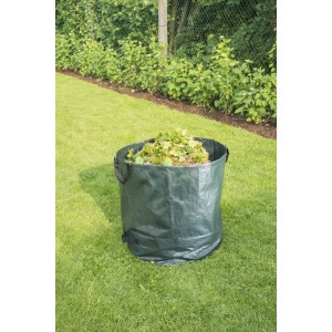 Windhager Garten Bag 180 l, grüne Gartentasche aus PE-Gewebe mit Tragegriffen, gefüllt mit Gartenabfällen.