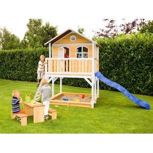 Axi Marc Spielhaus Braun - Weiß mit Blauer Rutsche 212 x 432 x 293 cm