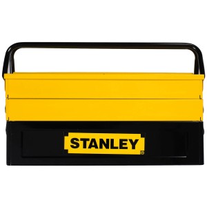 STANLEY Cantilever Werkzeugkoffer aus Metall, gelb-schwarz, mit Tragegriff und zugänglichen Fächern.