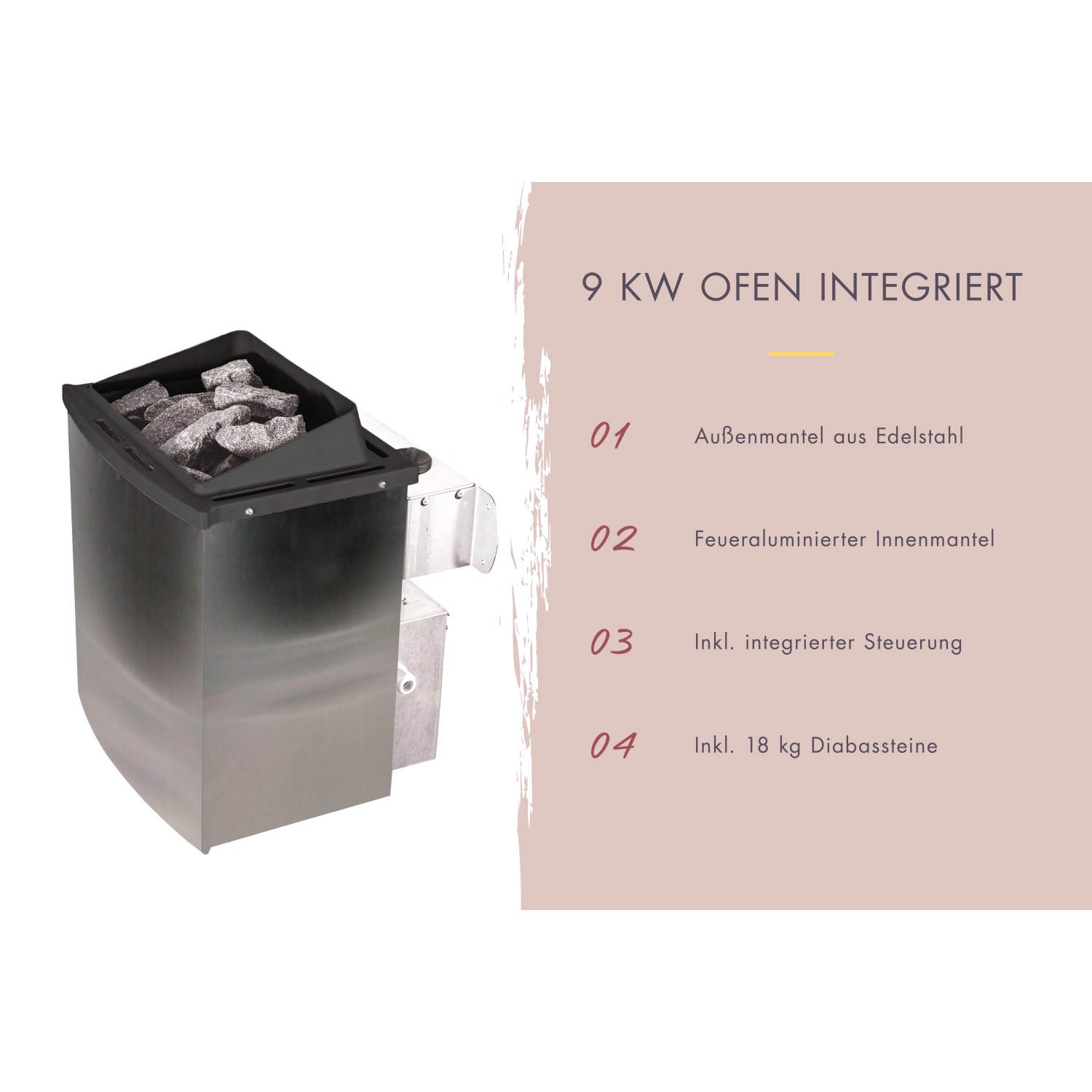 Karibu Saunaofen mit Diabassteinen, integrierte Steuerung und Edelstahl-Außenmantel.