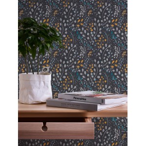 A.S. Création Vliestapete Blumen in Schwarz, Orange und Gelb mit floralem Muster.