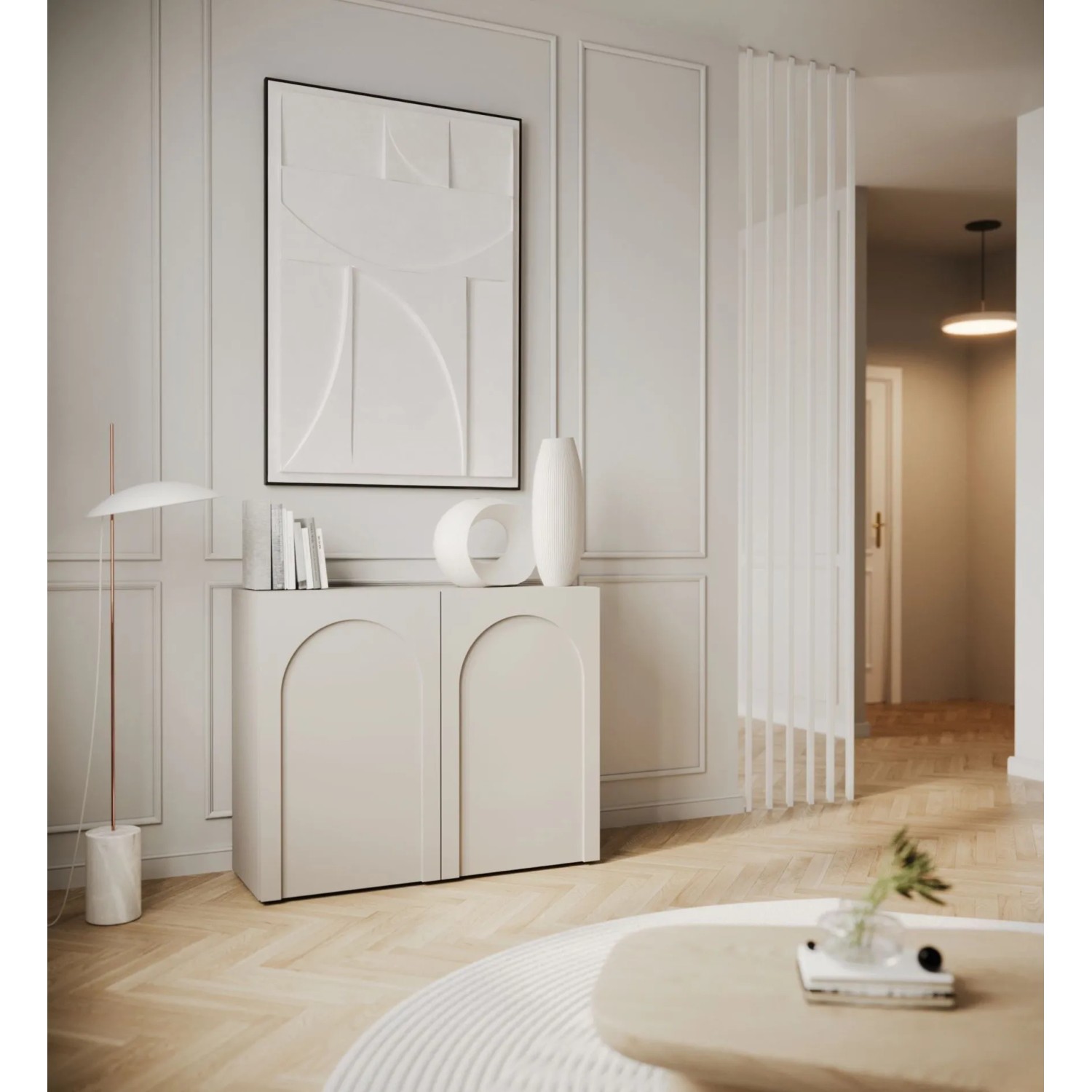 Selsey Sideboard Arkadia in Kaschmir mit zwei gefrästen Bogenfronten im modernen Wohnzimmer. Elegante Kommode.