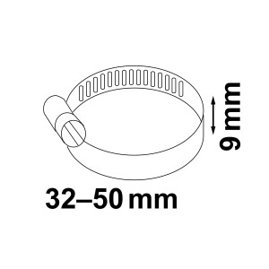 Kirchhoff Schlauchklemme, Edelstahl, 9 mm breit, Spannbereich 32-50 mm.