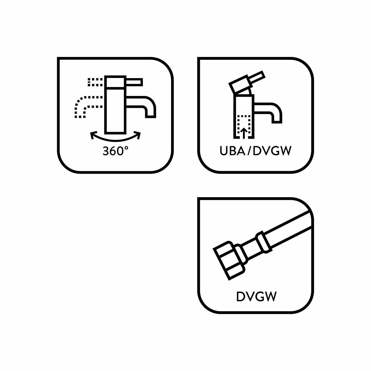 Icons zur baliv Küchenarmatur KI-5010 Chrom: 360° Schwenkbereich, UBA/DVGW-Zertifizierung, DVGW-Anschlussschlauch.