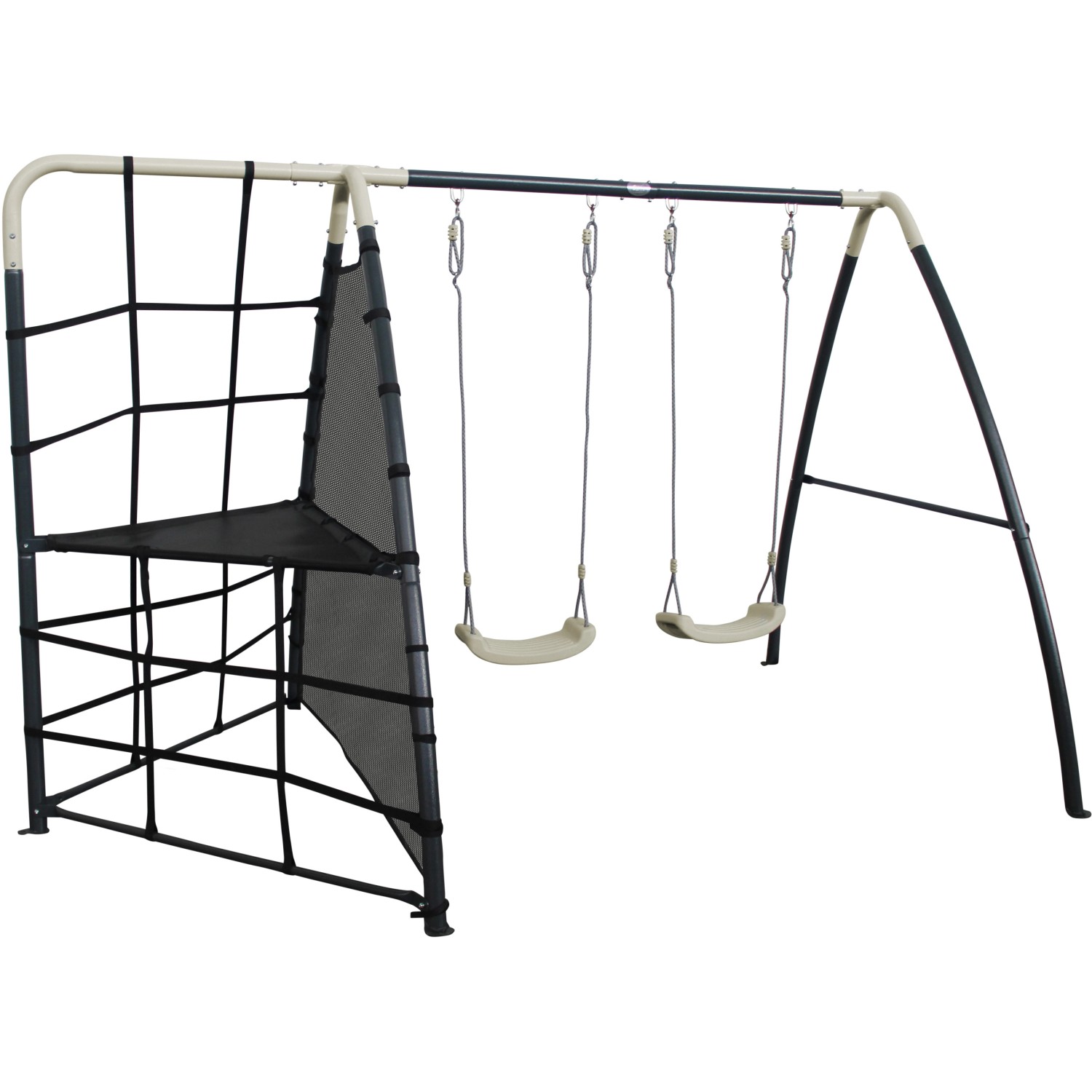 AXI Spielplatz mit Doppelschaukel und Klettergerüst in Anthrazit/Creme.