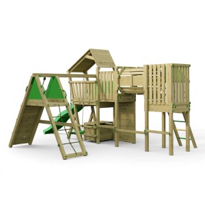 Spielturm Funky Combo mit Rutsche, Schaukel, Kletterwand und Sandkasten aus Holz.