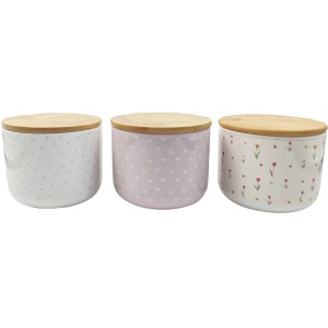 3-fach sortierte Boltze Vorratsdosen Blümi mit Holzdeckel und verschiedenen Mustern.