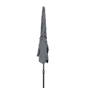 Zusammengebundener, anthrazitfarbener Doppler Balkonschirm Waterproof 115x188 cm mit Knickfunktion.