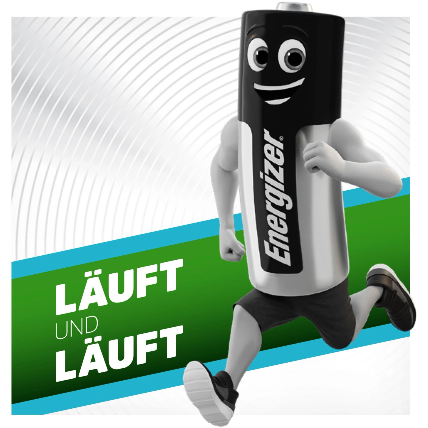 Energizer Akku Extreme AA: Lächelnde Batterie-Figur beim Laufen, symbolisiert Ausdauer.