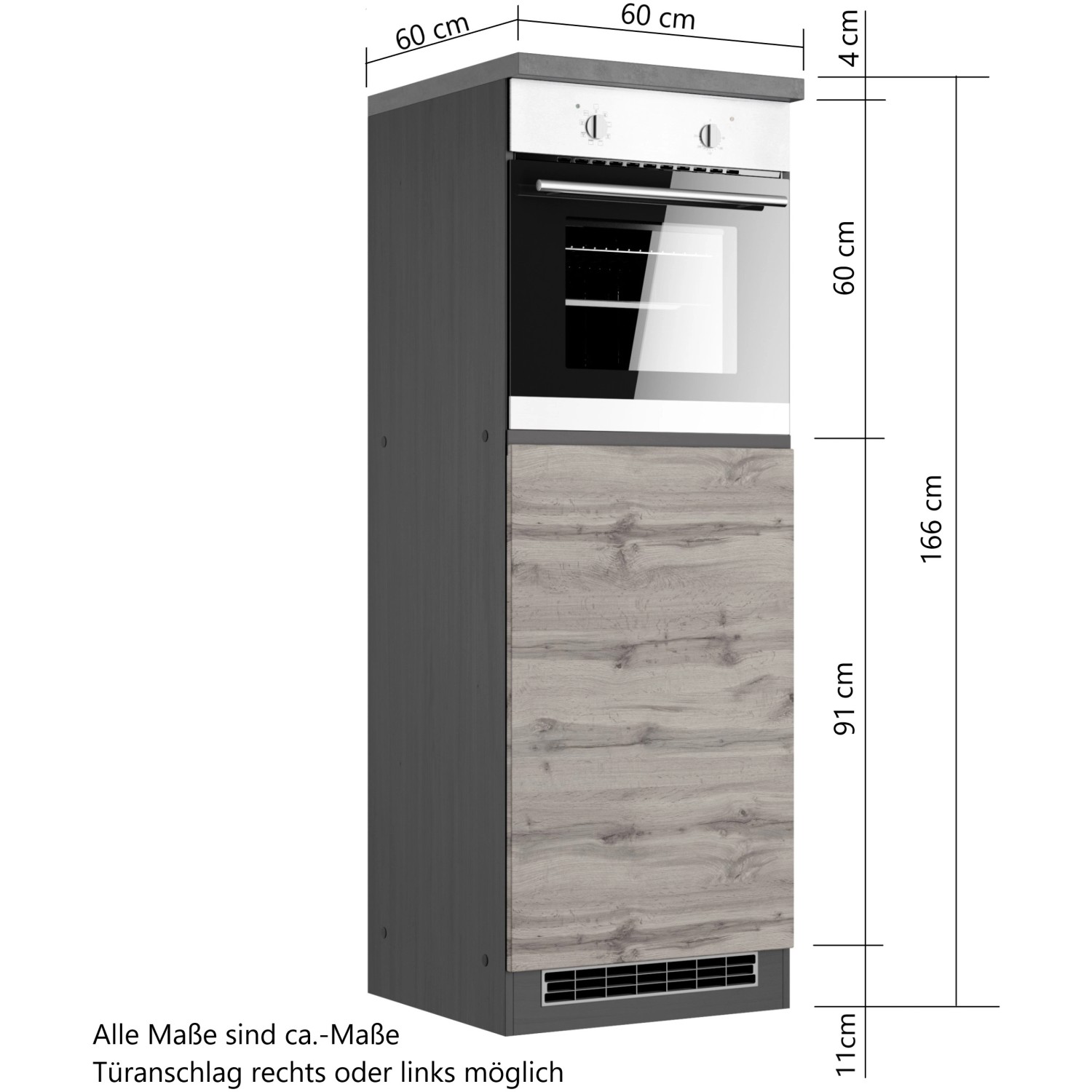 Held Möbel Ofenumbauschrank Turin, 60 cm, Graphit/Wotaneiche, mit offener Nische für Backofen.