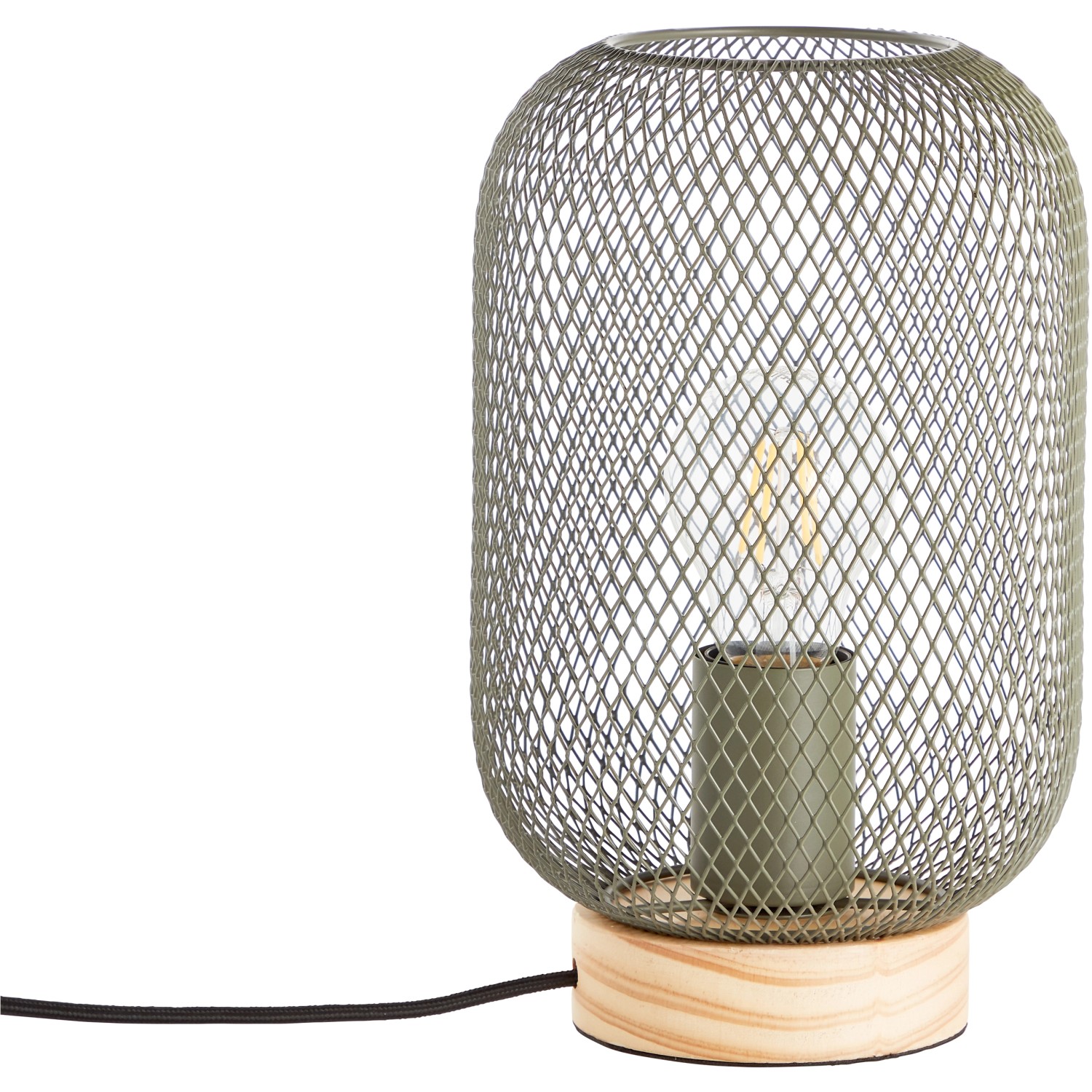 Olivgrüne Brilliant Tischleuchte Giada mit Holzfuß und Metallgitter-Schirm.