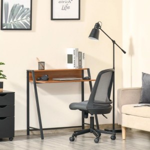 HOMCOM Schreibtisch Walnuss/Schwarz mit Metallgestell und Ablagefach, minimalistisch, im Home Office.