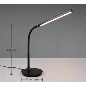 Schwarze LED-Tischleuchte Toro mit flexiblem Arm, dimmbar und mit einstellbarer Lichtfarbe.