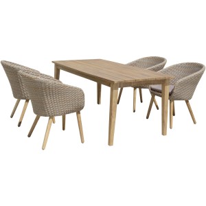 Tischgruppe Visalia, 5-teilig: Gartentisch aus Akazienholz mit 4 Polyrattan-Stühlen und Sitzkissen.