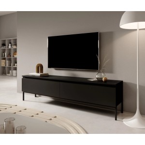 Schwarzes Selsey TV-Lowboard Bemmi 175 cm mit zwei Fächern und schwarzen Beinen im modernen Wohnzimmer.
