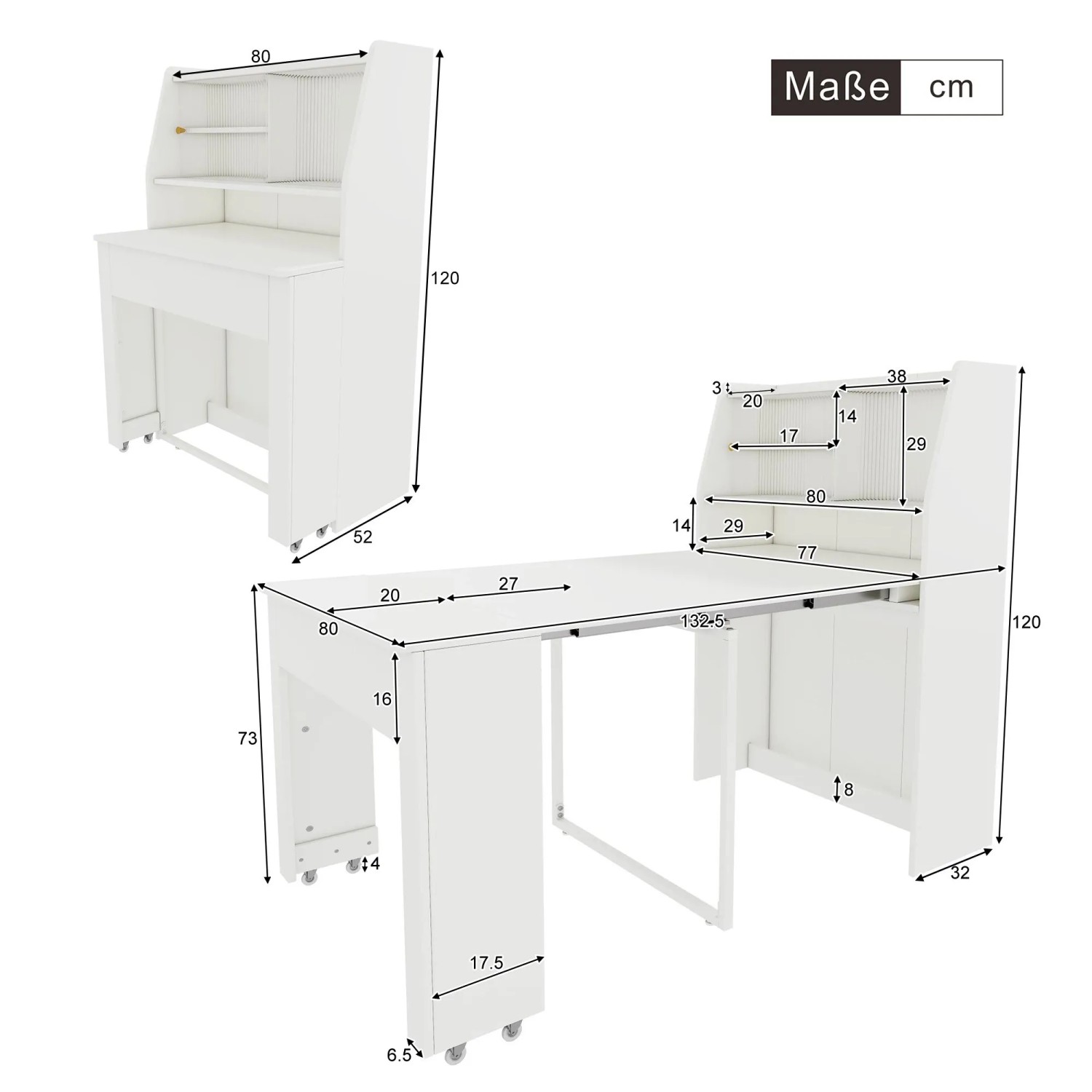 okwish Esstisch Rechteckig mit Stauraum/Stauschrank Einweg-Ausziehtisch 52/133 x 80 cm Weiß_5