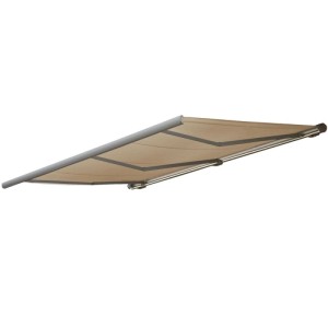 Elektrische Kassettenmarkise, 6x3m, creme-farbener Stoff und grauer Rahmen.