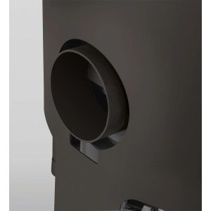 Detailaufnahme: Schwarzer Justus Voga W+ Kaminofen aus Stahl mit Rauchrohranschluss.