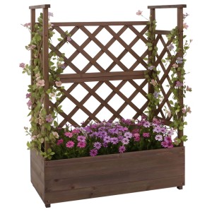 Braunes Holz-Hochbeet mit Rankhilfe und bunten Blumen, 114x85x44cm.