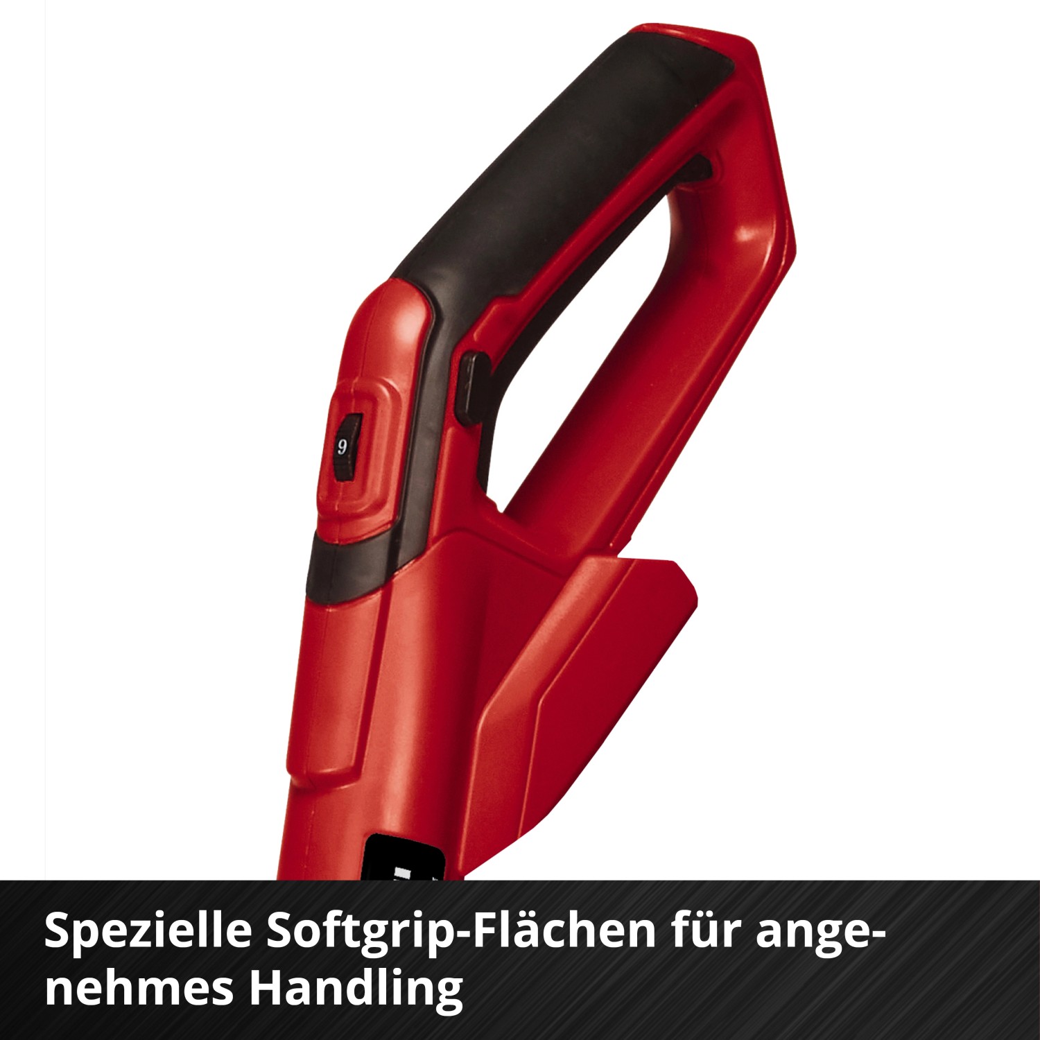Detailaufnahme: Roter Griff mit Softgrip der Einhell Akku-Bodenhacke GE-CR 18/20 Li E.