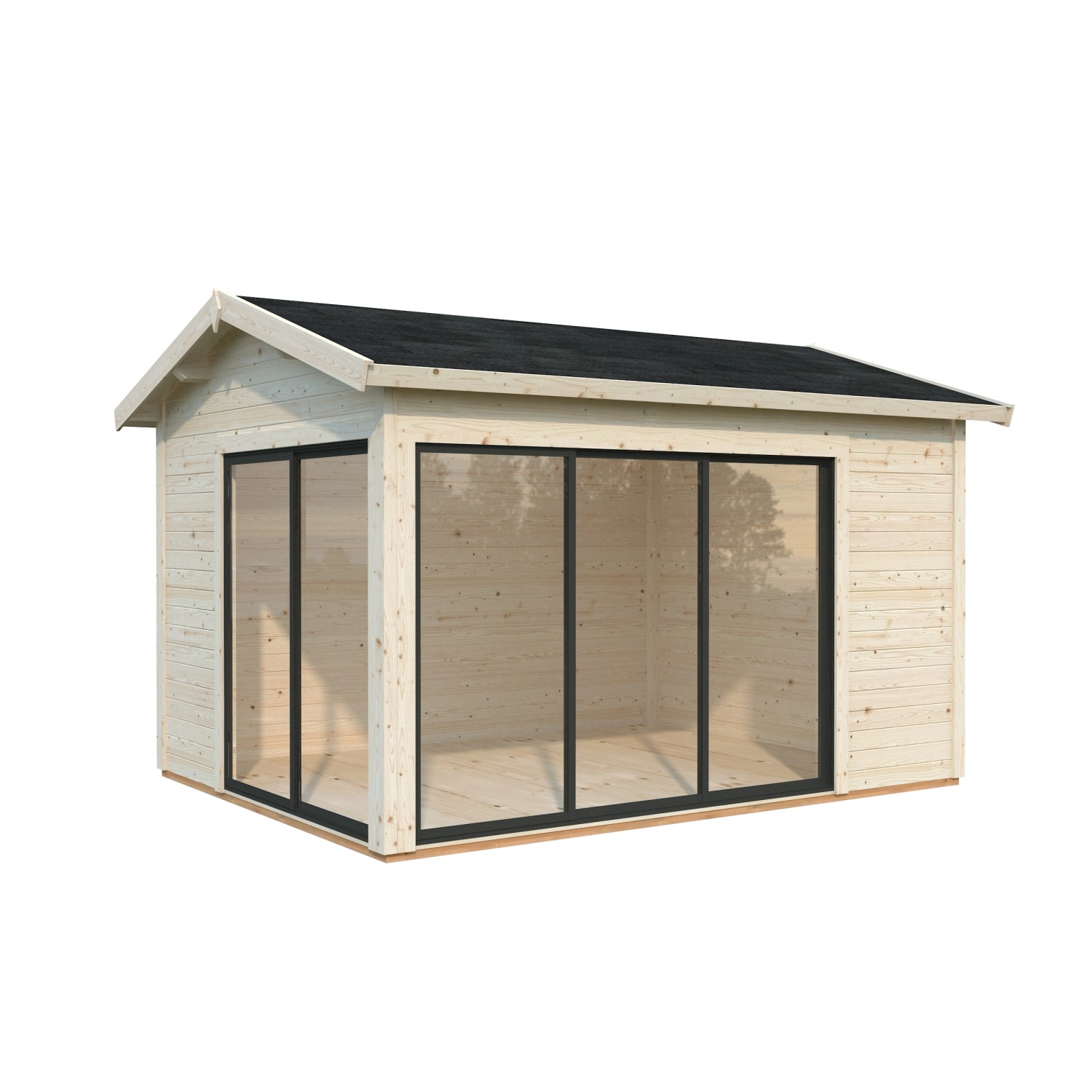 Palmako Gartenhaus Amanda Slide, 390x300 cm, naturbelassenes Holz mit Schiebetüren.