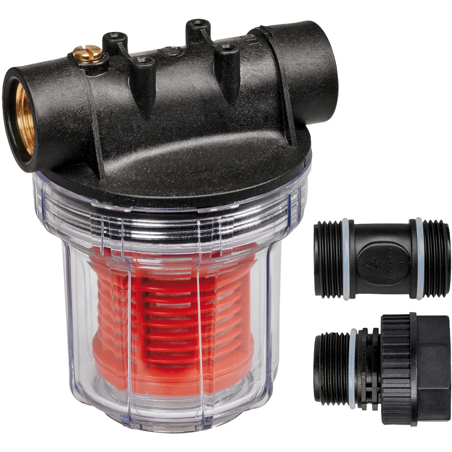 Einhell Vorfilter 12 cm für Pumpen, mit transparentem Gehäuse, Filtereinsatz und Anschlussnippel.
