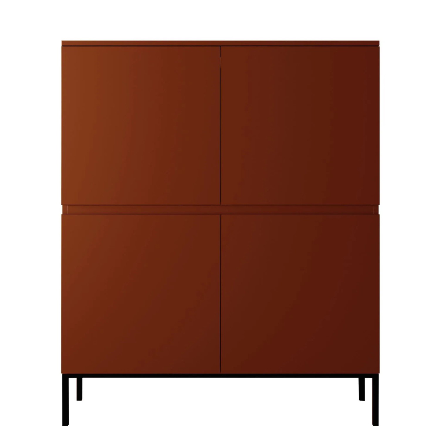 Ziegelrotes Selsey Highboard Bemmi, 100 cm breit, mit 4 Türen und schwarzen Metallbeinen. Modernes Sideboard.