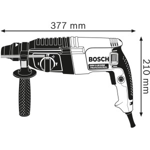 Skizze des Bosch Professional Bohrhammer GBH 2-26 mit Maßangaben.