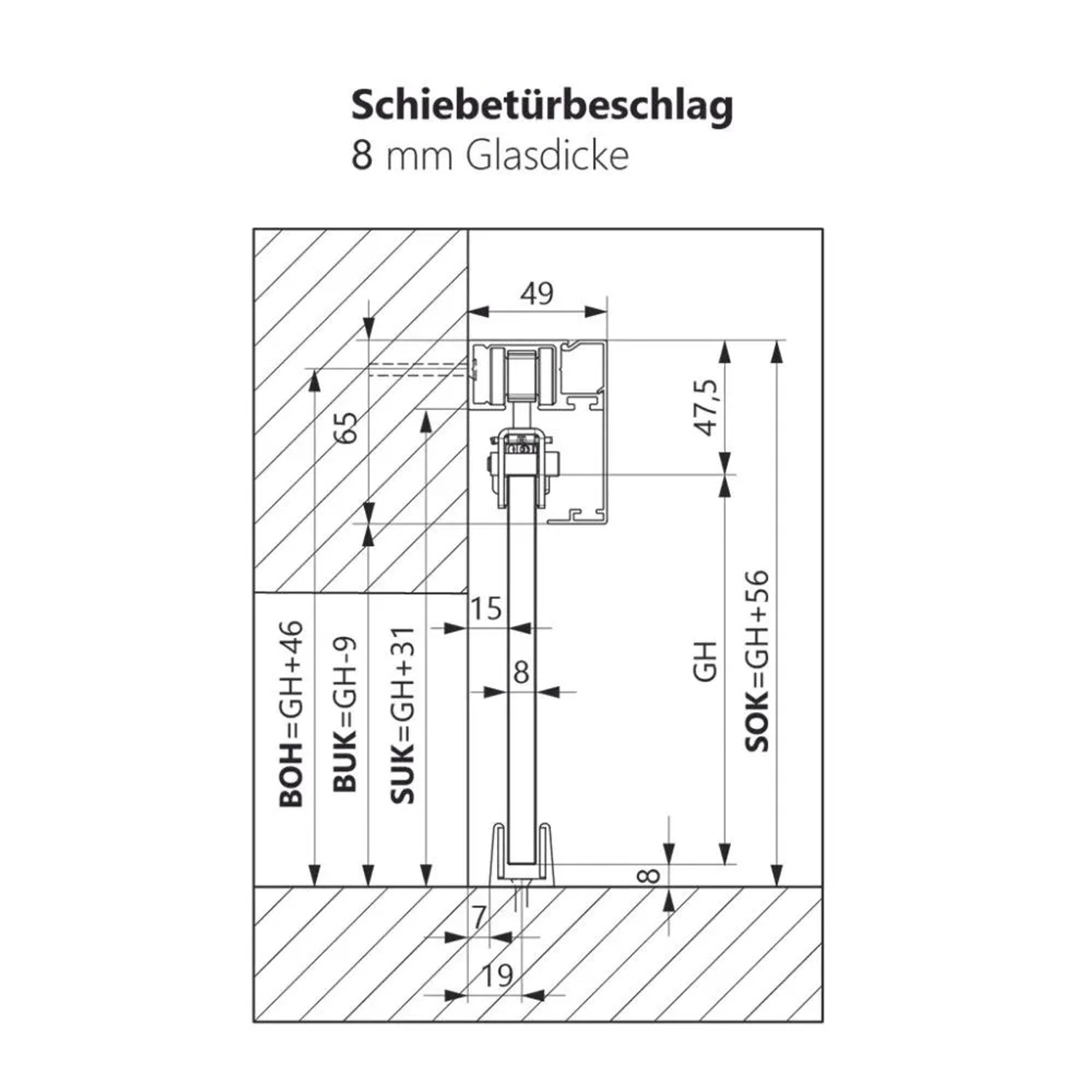 Maßzeichnung Levidor Glasschiebetürbeschlag, 8 mm Glasdicke, mit Einbaumaßen für die Montage.