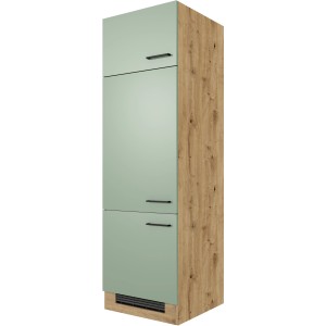 Flex-Well Geräteschrank Cara, 60cm, schilfgrün/Artisan Eiche, mit drei Türen und schwarzen Griffen.